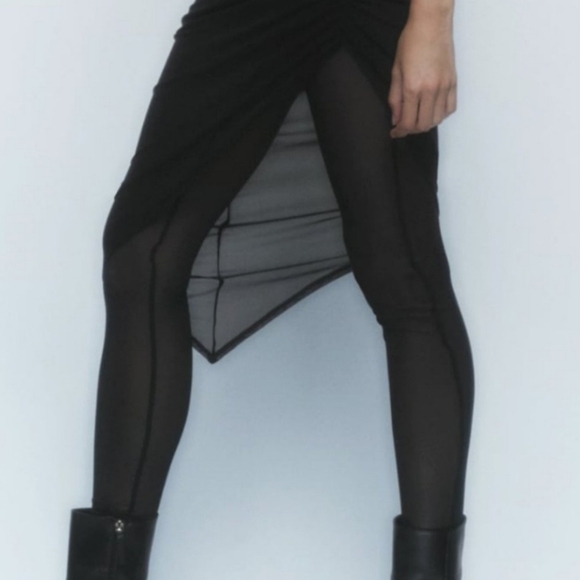 New Zara Elastic High-Waist Unlined Tulle Mesh Black Leggings NWOT Small - Picture 4 of 7
